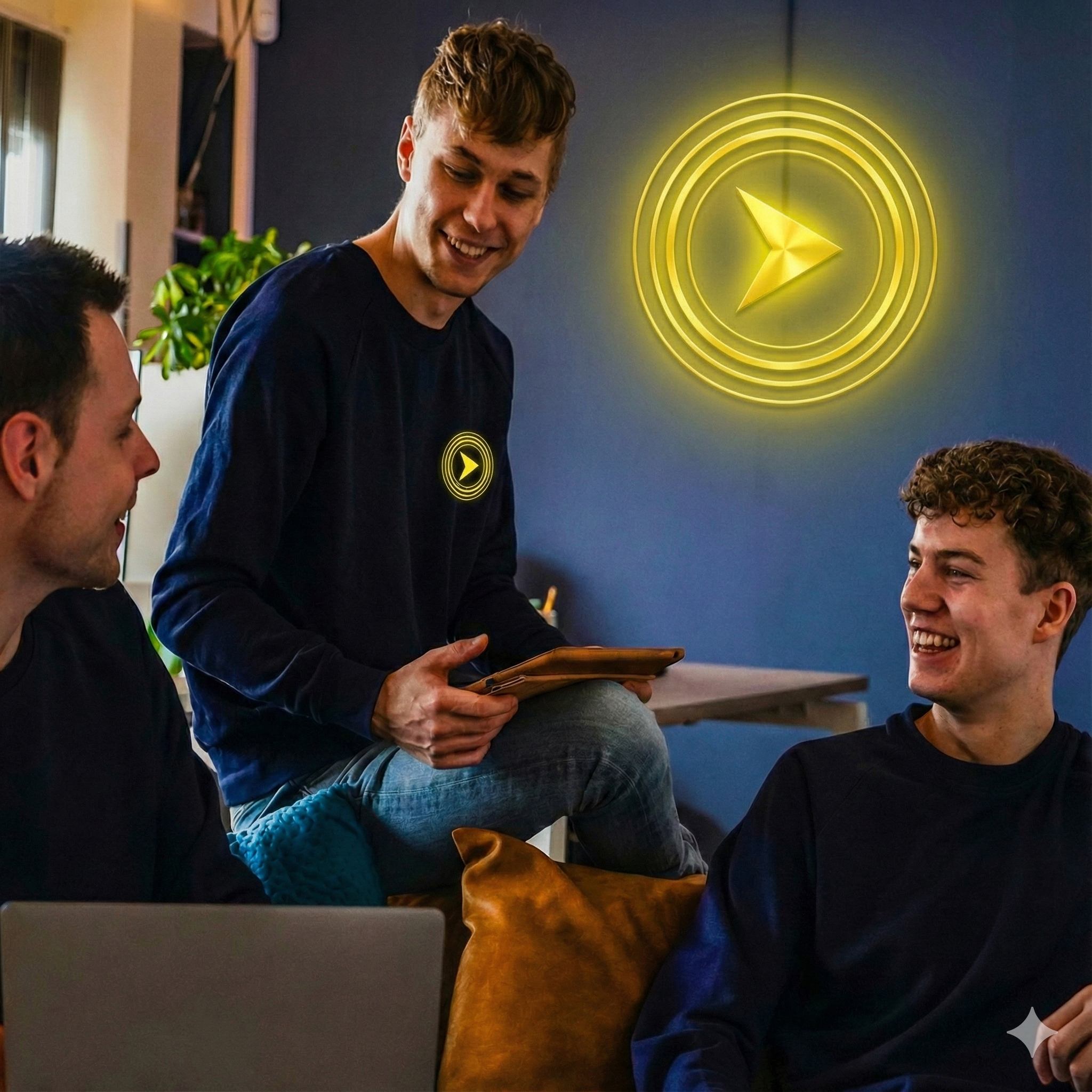 HitMode team collaborating with branded logo on wall